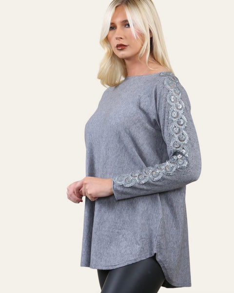 Alisha Sparkly Sleeve Jumper in Grey (Size 10-20)