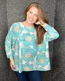 Ava Oversized Floral Fine Knit Top in Turquoise (10-22)