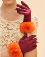 Bettina Faux Fur and Faux Suede Gloves in Burgundy/Tangerine