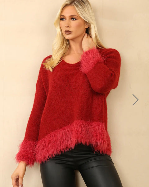 Freya Fluffy Hem Jumper in Red (Size 10-18)