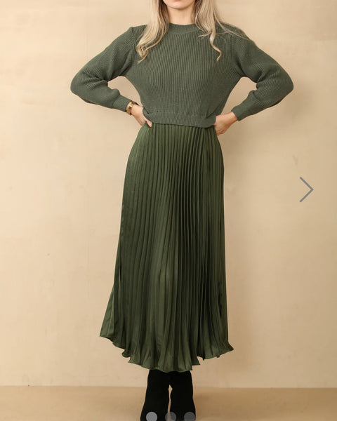 Lola Jumper Dress with Pleated Skirt in Khaki Green (Size 8-16)