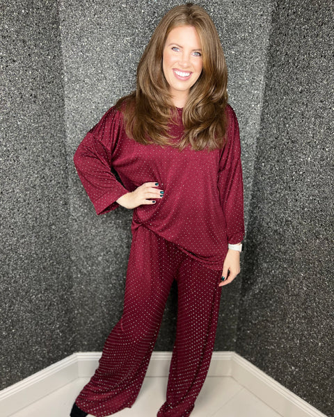 Gemma Glitzy Lounge Set Top & Trousers in Wine Red (Size 8-20)