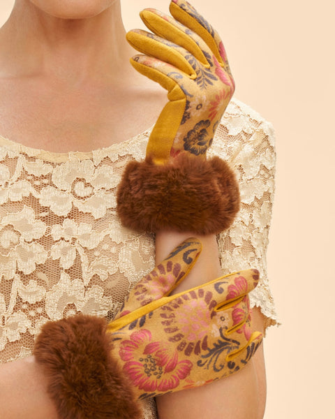 Bernadette Patterned Faux Suede Gloves in Mustard