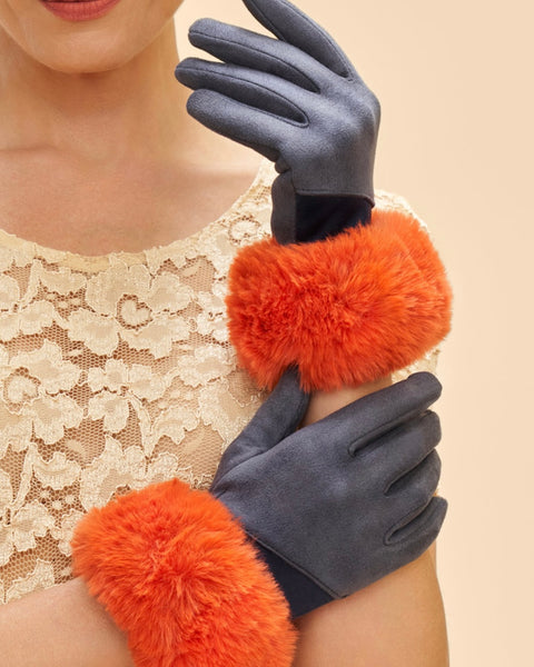 Bettina Faux Fur and Faux Suede Gloves in Denim/Orange