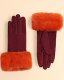 Bettina Faux Fur and Faux Suede Gloves in Burgundy/Tangerine