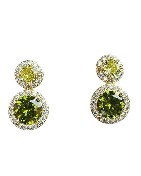 Double Circle Drop CZ Earrings in Olive Green