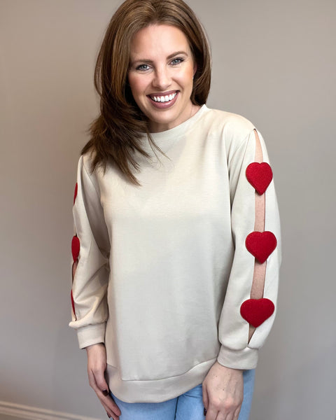 Love Heart Sleeve Sweat Top in Beige (8-16)