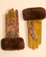 Bernadette Patterned Faux Suede Gloves in Mustard