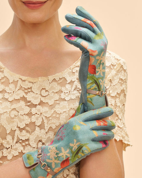 Kylie Floral Faux Suede Gloves in Blue