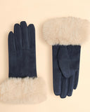 Bettina Faux Fur and Faux Suede Gloves in Navy/Cream