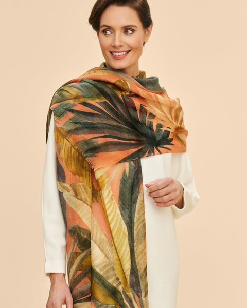 Wool wrap Oversized Botanicals Scarf in Tangerine