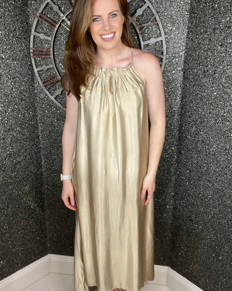 Alena Satin Maxi Dress in Gold (8-18)