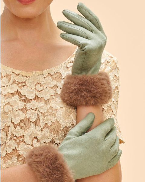 Bettina Faux Fur and Faux Suede Gloves in Sage/Teddy