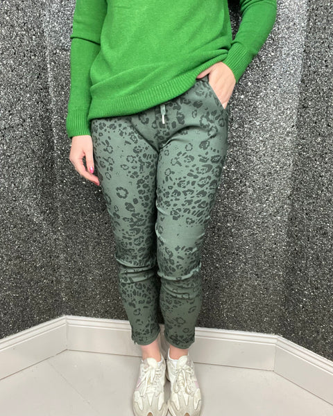 Animal Print Magic Stretchy Trousers in Khaki Green(12-18)