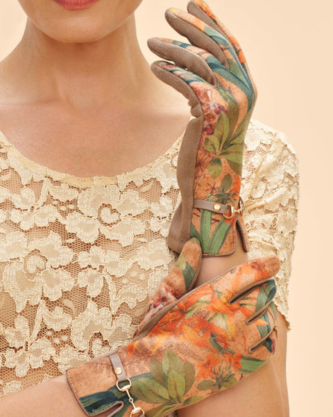 Kylie Floral Faux Suede Gloves in Taupe