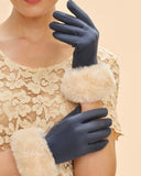 Bettina Faux Fur and Faux Suede Gloves in Navy/Cream